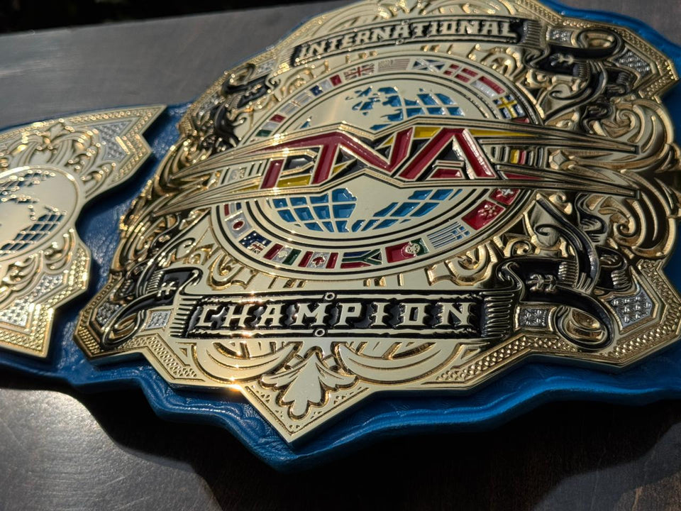 TNA International Championship replica belt, centre plate close-up