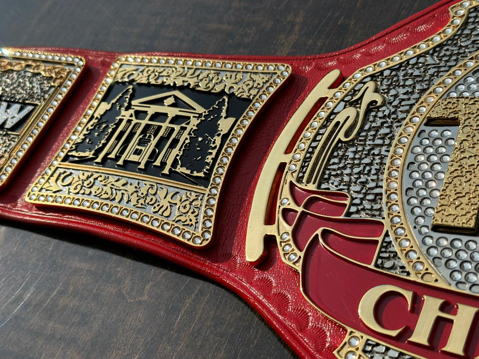 AEW TNT Championship (Red Strap) replica belt, side plate close-up, photo 4