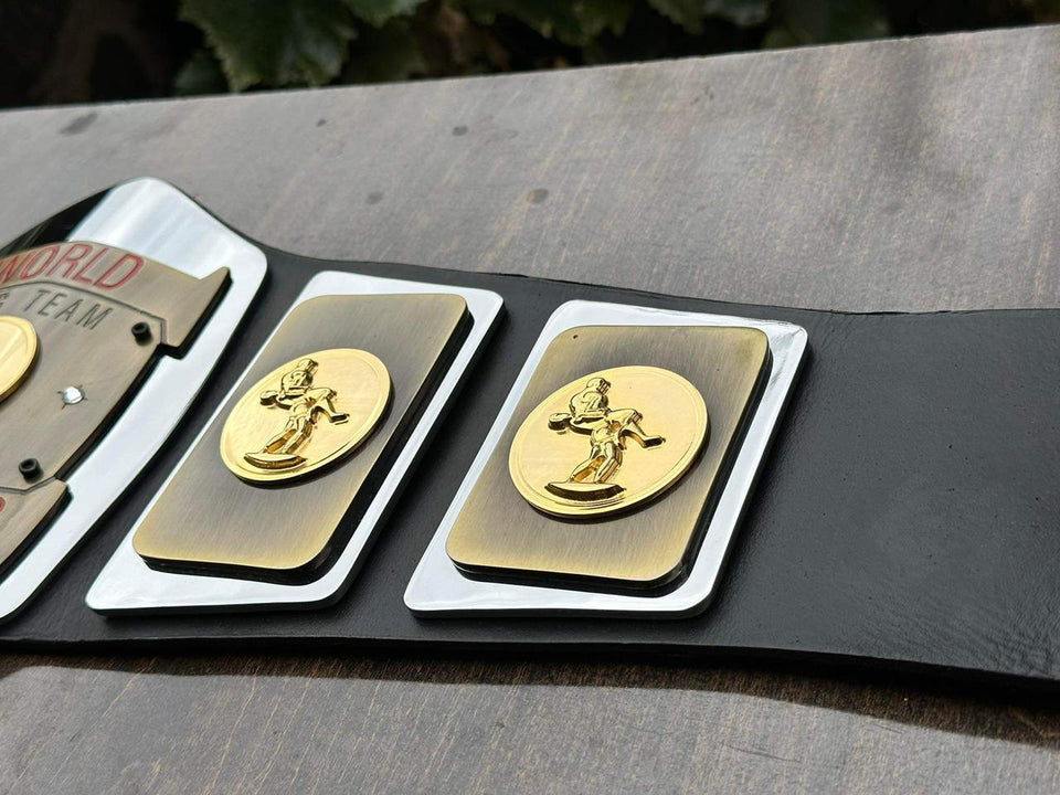 World Tag Team Championship replica belt, side plate close-up