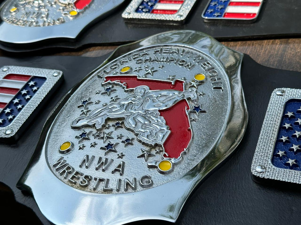 NWA Florida Heavyweight Championship replica belt, centre plate close-up