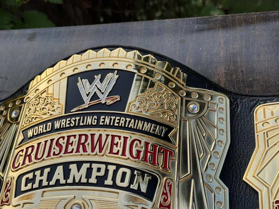 WWE Cruiserweight Championship replica belt, centre plate top close-up