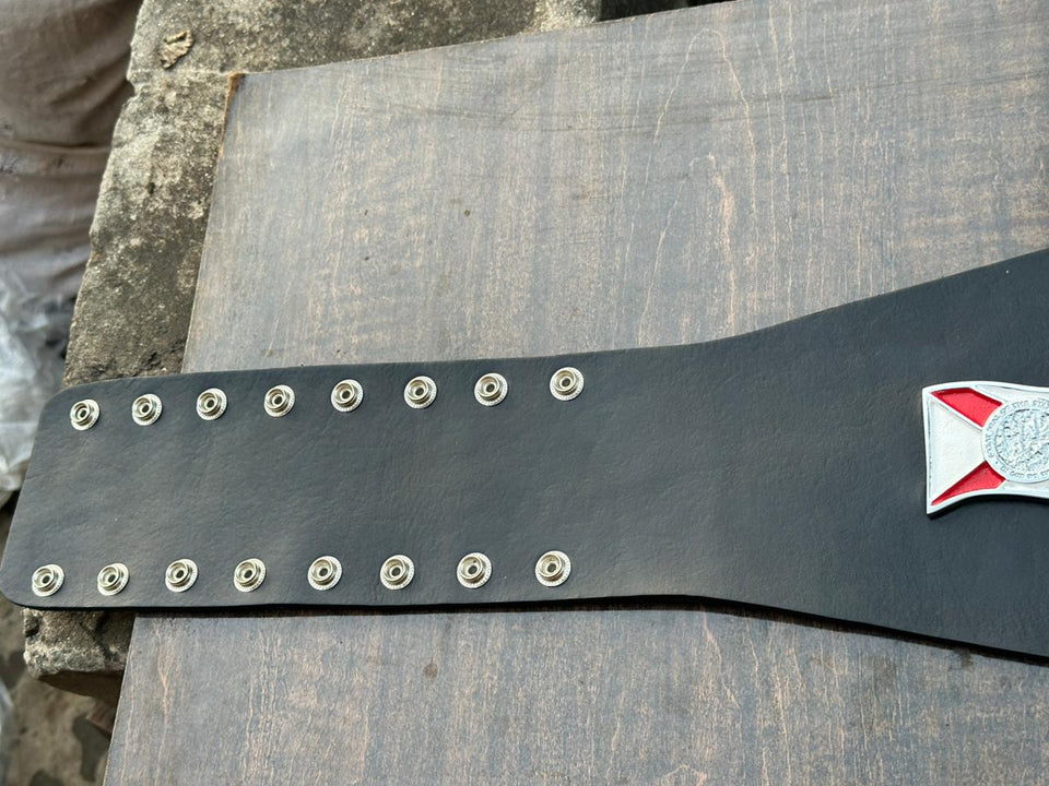 NWA Florida Tag Team Championship replica belt, strap snaps close-up