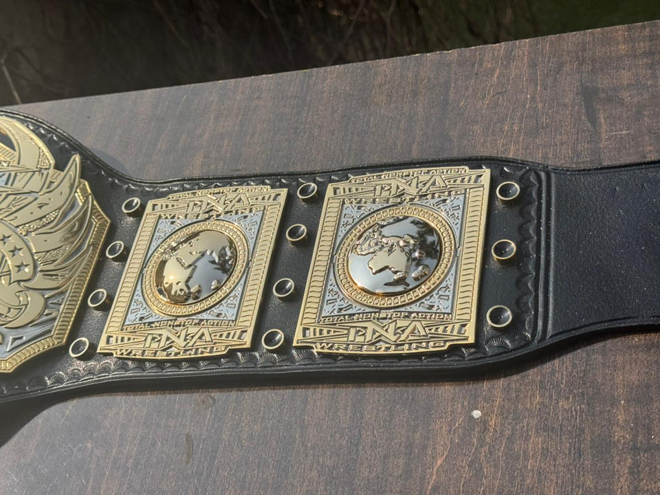 TNA World Heavyweight Championship replica belt, side plates close-up
